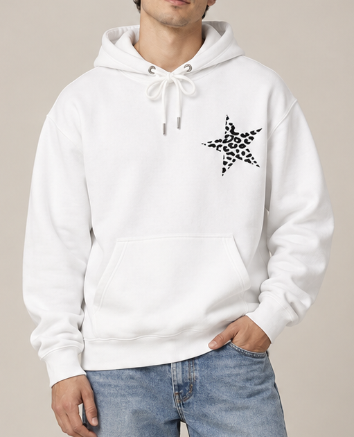 Leopard Star Graphic Hoodie for Women – White Oversized Pullover Sweatshirt