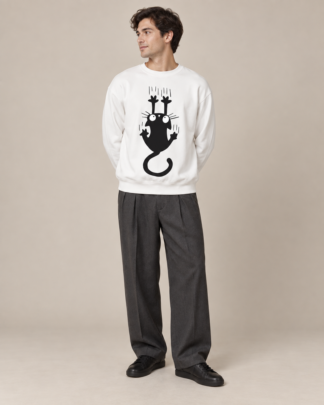 Black Cat Graphic Sweatshirt for Women & Men – Oversized White Crewneck Pullover
