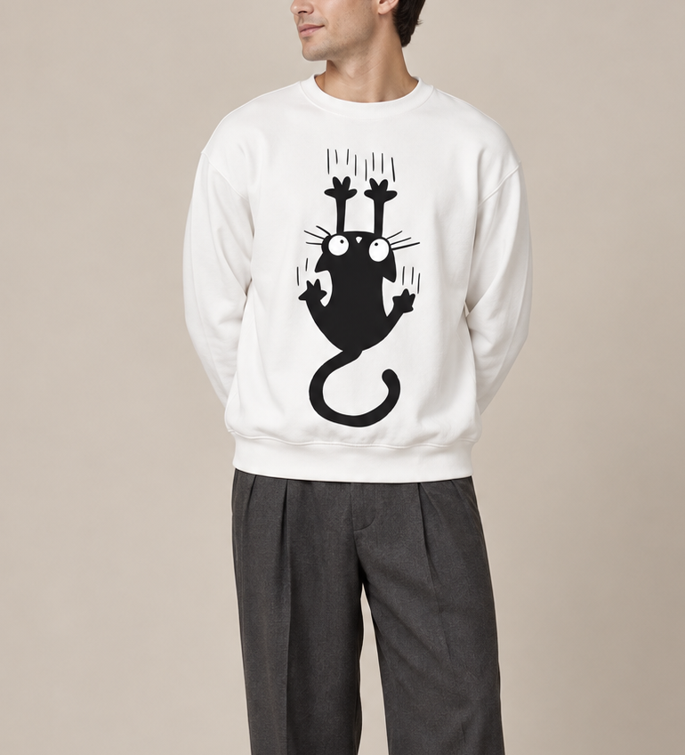 Black Cat Graphic Sweatshirt for Women & Men – Oversized White Crewneck Pullover