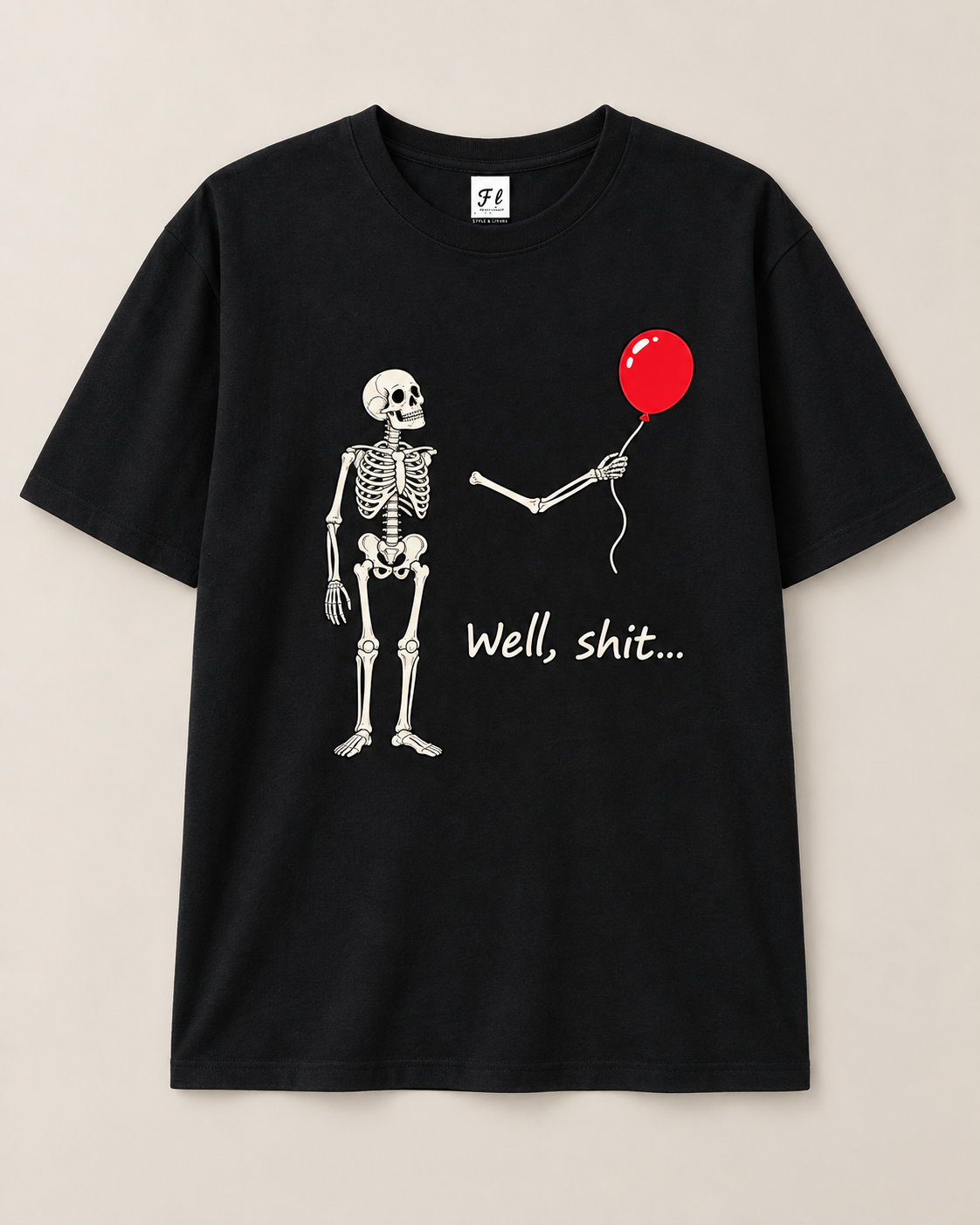 Skeleton Holding Red Balloon Graphic T-Shirt – Funny Unisex Black Tee