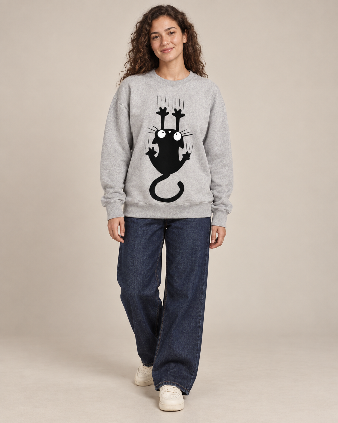 Black Cat Graphic Sweatshirt for Women & Men – Oversized White Crewneck Pullover