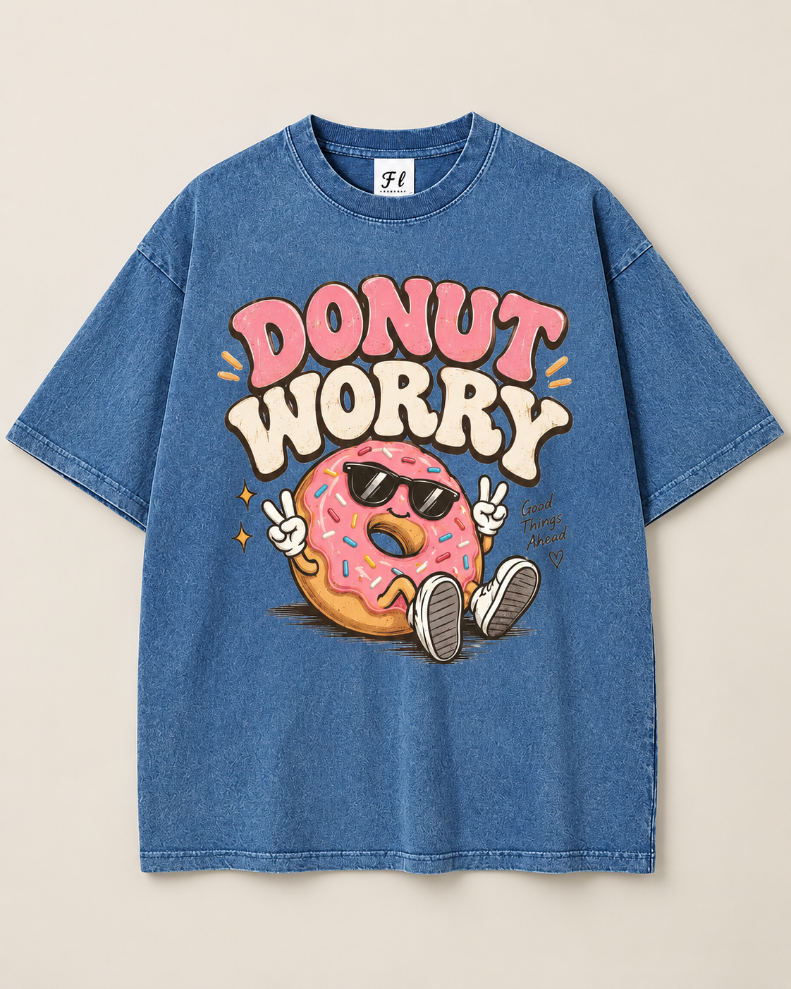Donut Worry Graphic T-Shirt – Vintage Washed Black Unisex Oversized Tee