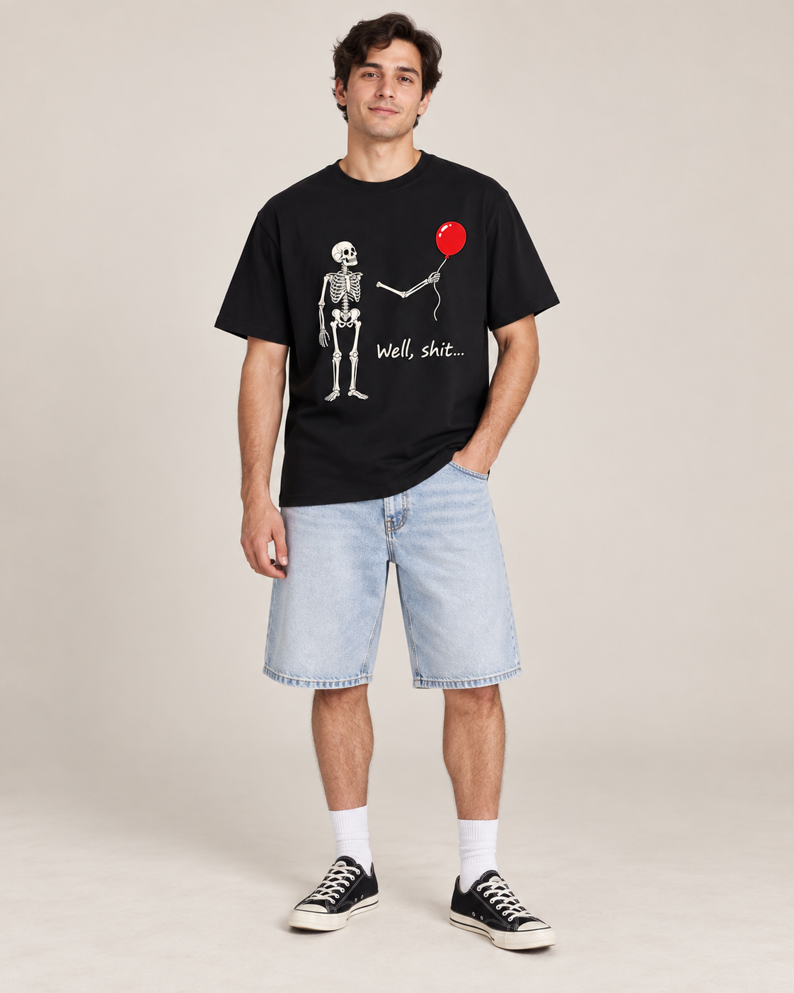 Skeleton Holding Red Balloon Graphic T-Shirt – Funny Unisex Black Tee