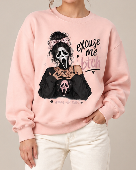Excuse Me Btch Ghostface Girl Halloween Crewneck Sweatshirt, Scream Movie Graphic Pullover, Unisex Pink Spooky Fall Top