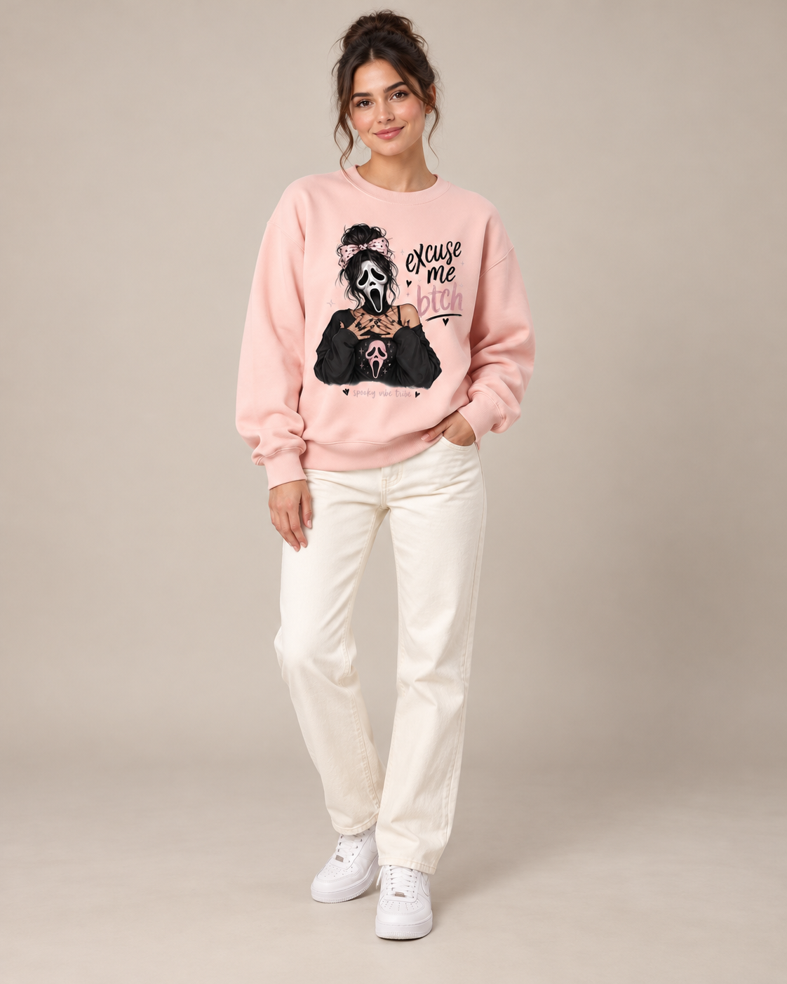 Excuse Me Btch Ghostface Girl Halloween Crewneck Sweatshirt, Scream Movie Graphic Pullover, Unisex Pink Spooky Fall Top