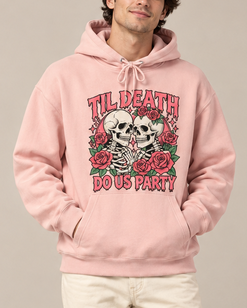 Til Death Do Us Party Skeleton Rose Hoodie, Gothic Halloween Horror Graphic Sweatshirt