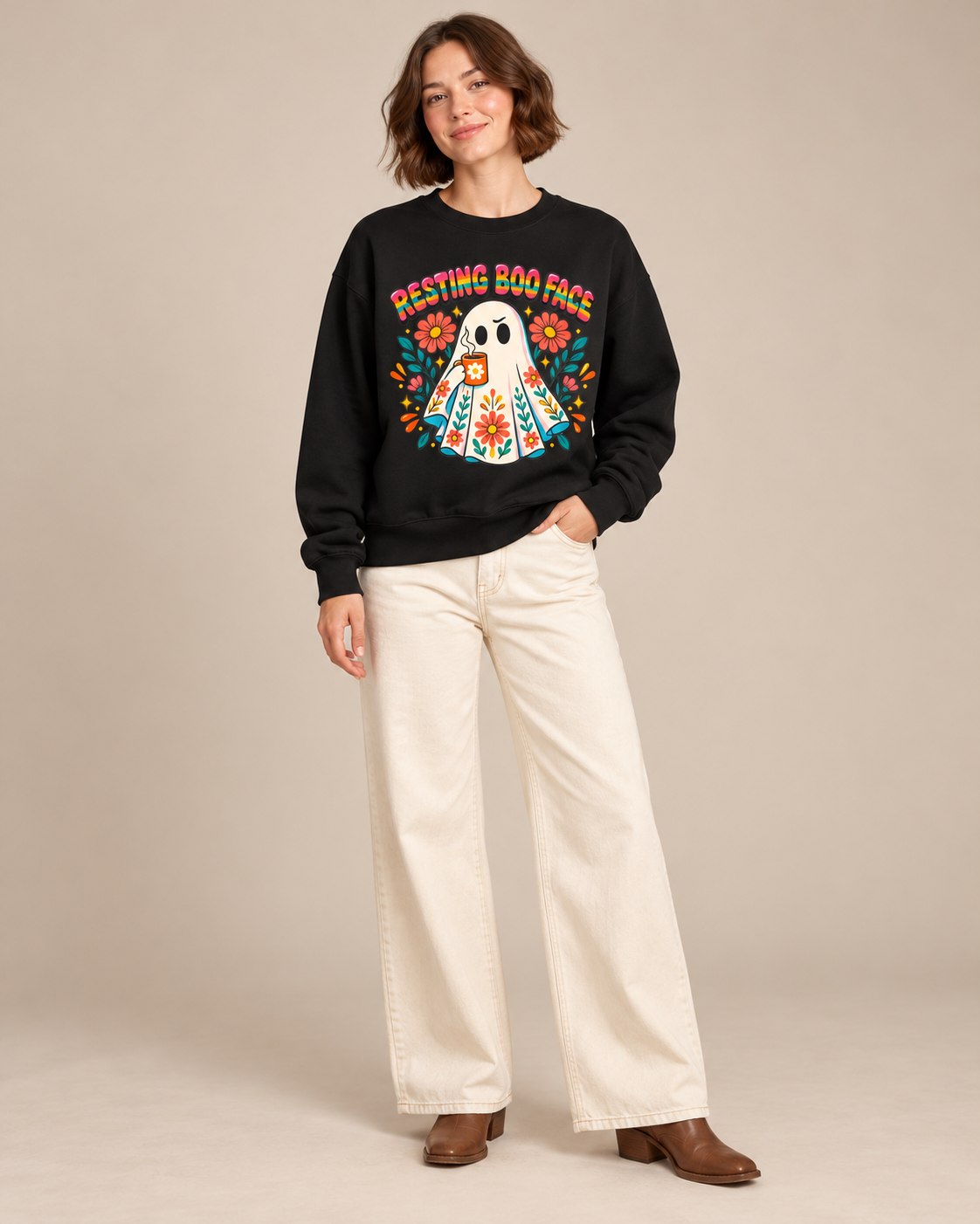 Resting Boo Face Cute Ghost Floral Halloween Crewneck Sweatshir
