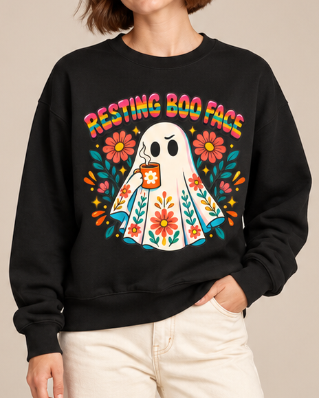 Resting Boo Face Cute Ghost Floral Halloween Crewneck Sweatshir