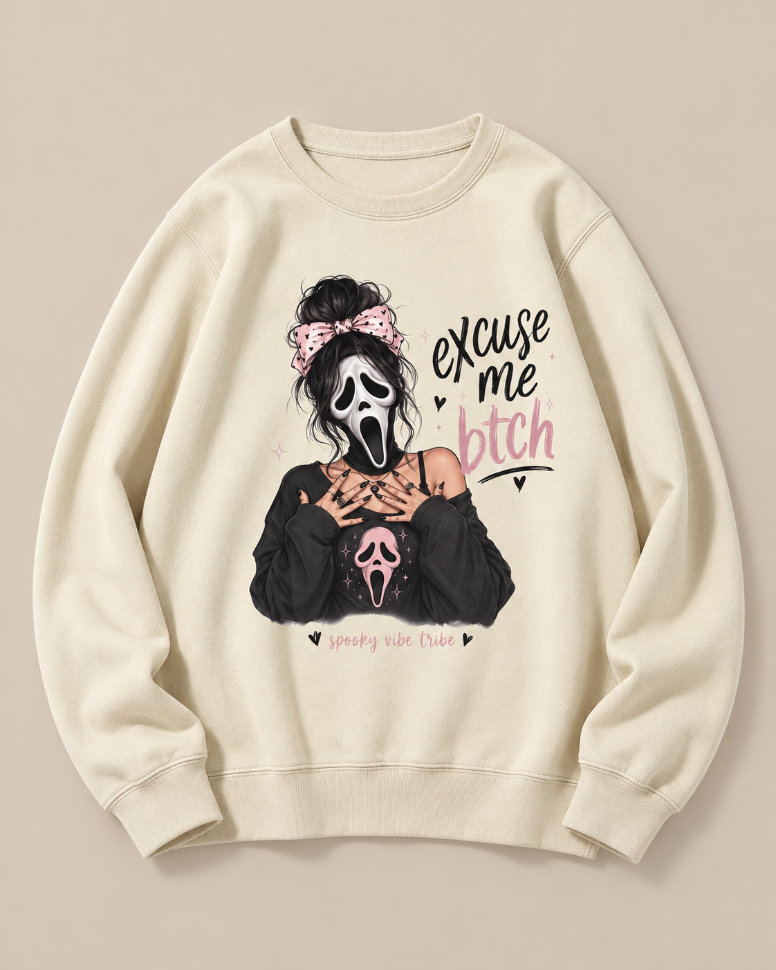 Excuse Me Btch Ghostface Girl Halloween Crewneck Sweatshirt, Scream Movie Graphic Pullover, Unisex Pink Spooky Fall Top