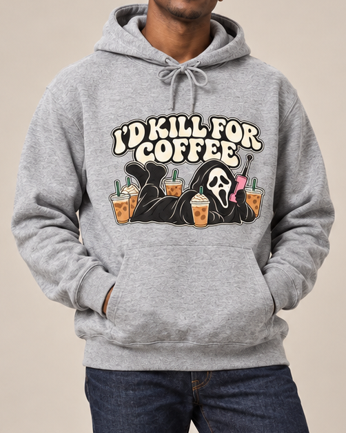 I'd Kill For Coffee Ghostface Hoodie, Halloween Scream Graphic Pullover Sweatshirt, Vintage Fall Hooded Top Unisex