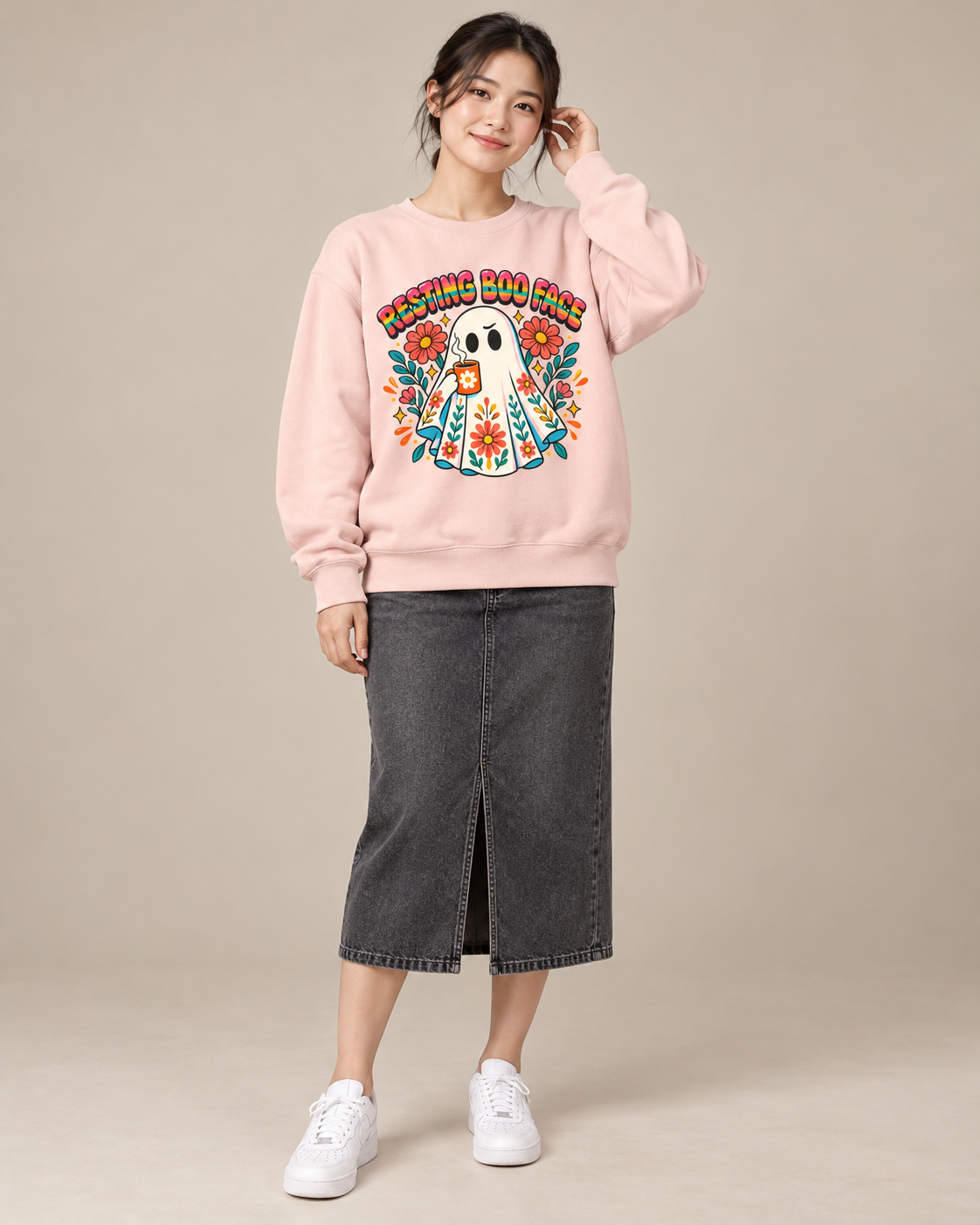 Resting Boo Face Cute Ghost Floral Halloween Crewneck Sweatshir