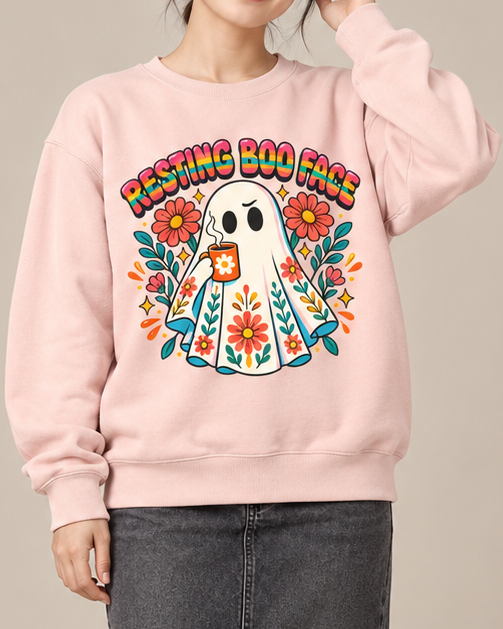 Resting Boo Face Cute Ghost Floral Halloween Crewneck Sweatshir