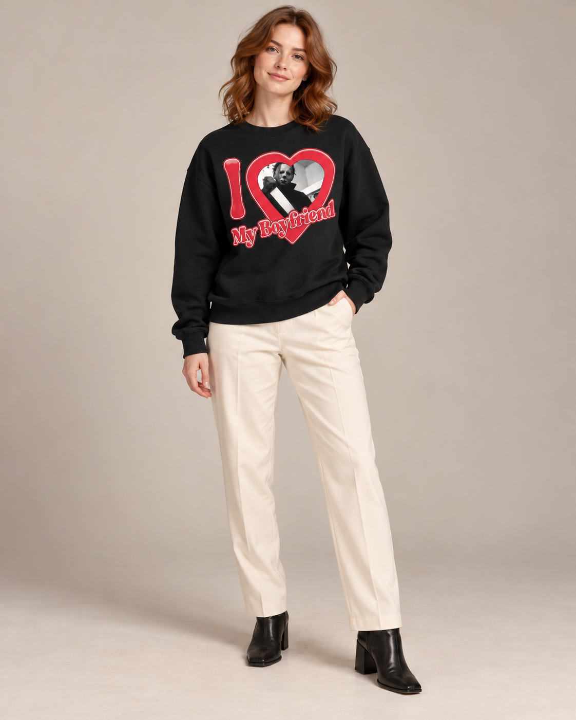I Love My Boyfriend Michael Myers Crewneck Sweatshirt, Horror Halloween Graphic Pullover