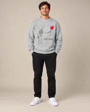 Skeleton Red Balloon Halloween Crewneck Sweatshirt, Spooky Skeleton Graphic Pullover, Unisex Fall Horror Casual Top