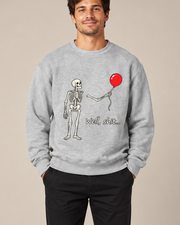 Skeleton Red Balloon Halloween Crewneck Sweatshirt, Spooky Skeleton Graphic Pullover, Unisex Fall Horror Casual Top