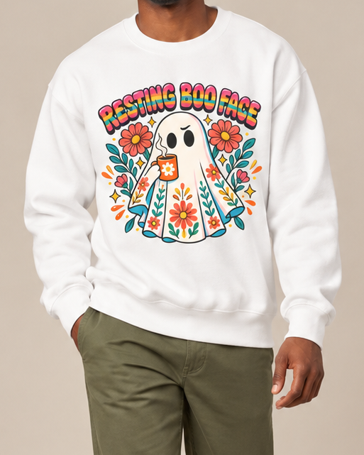 Resting Boo Face Cute Ghost Floral Halloween Crewneck Sweatshir