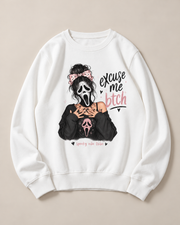 Excuse Me Btch Ghostface Girl Halloween Crewneck Sweatshirt, Scream Movie Graphic Pullover, Unisex Pink Spooky Fall Top
