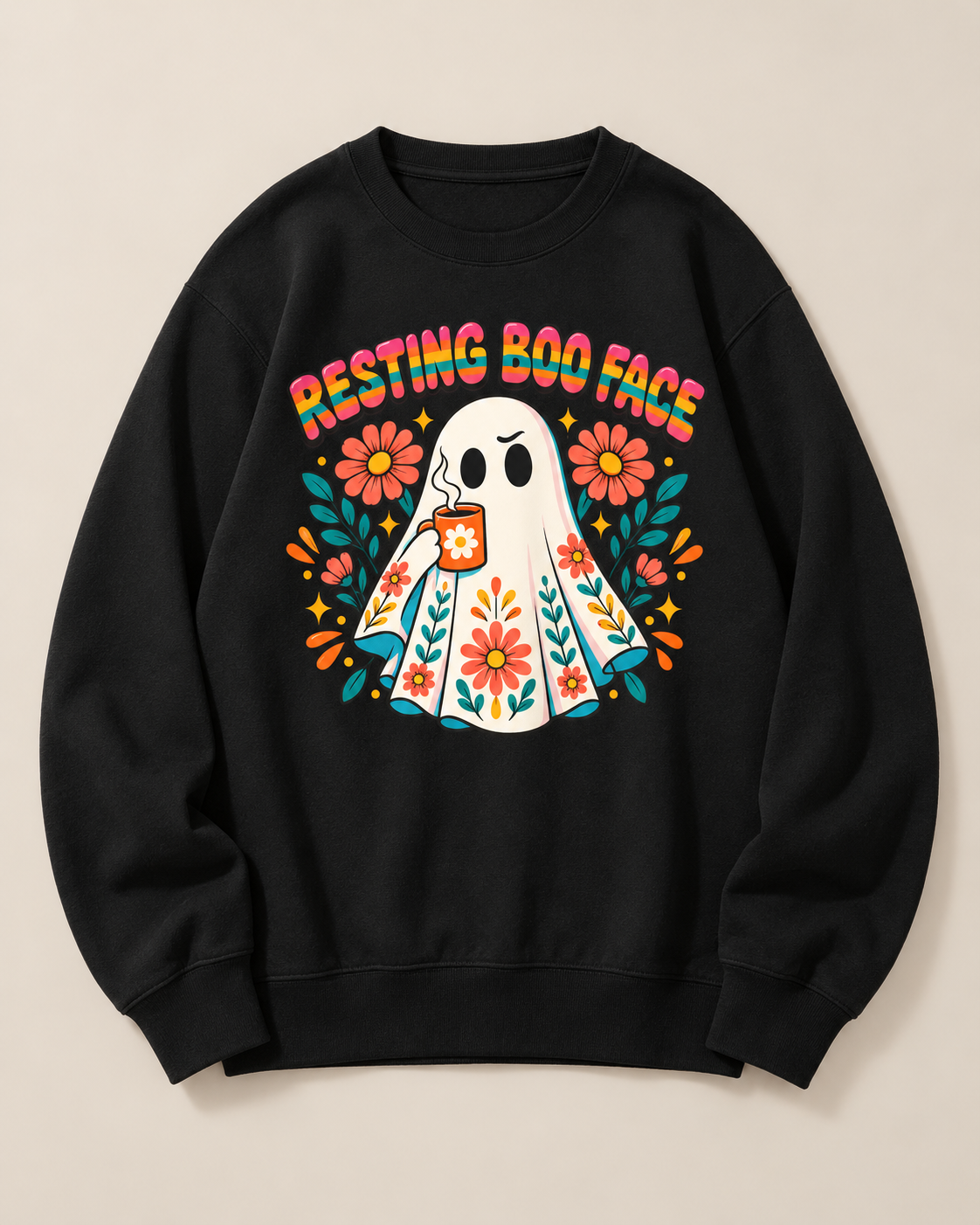 Resting Boo Face Cute Ghost Floral Halloween Crewneck Sweatshir