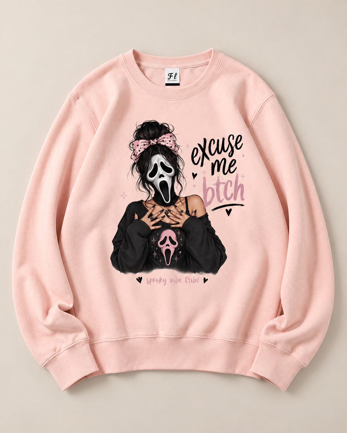 Excuse Me Btch Ghostface Girl Halloween Crewneck Sweatshirt, Scream Movie Graphic Pullover, Unisex Pink Spooky Fall Top