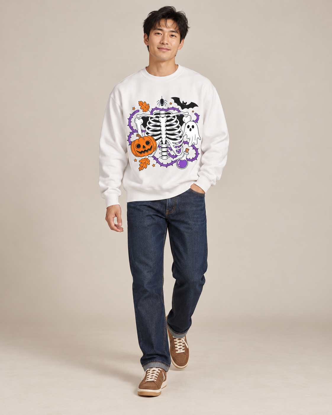 Unisex Halloween Skeleton Pumpkin Ghost Graphic Crewneck Sweatshirt