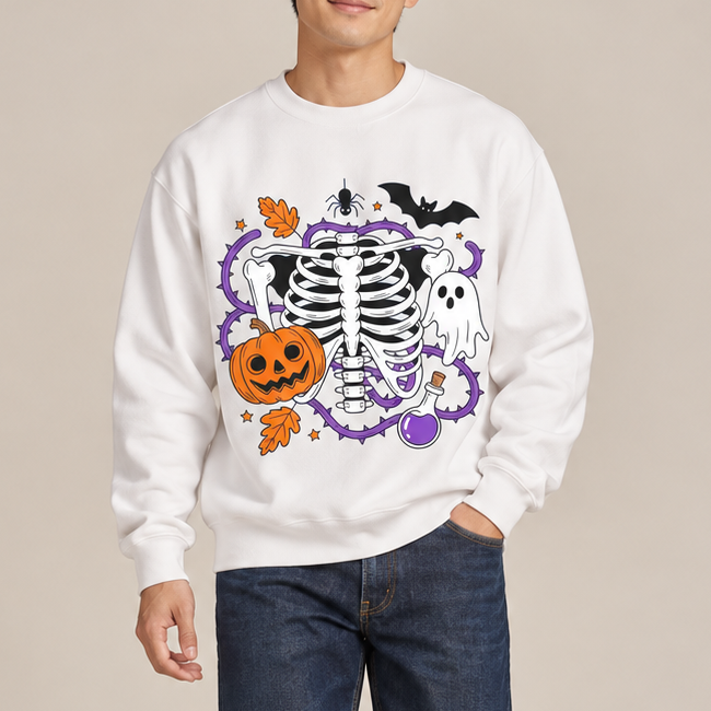 Unisex Halloween Skeleton Pumpkin Ghost Graphic Crewneck Sweatshirt