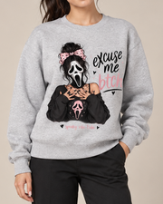 Excuse Me Btch Ghostface Girl Halloween Crewneck Sweatshirt, Scream Movie Graphic Pullover, Unisex Pink Spooky Fall Top