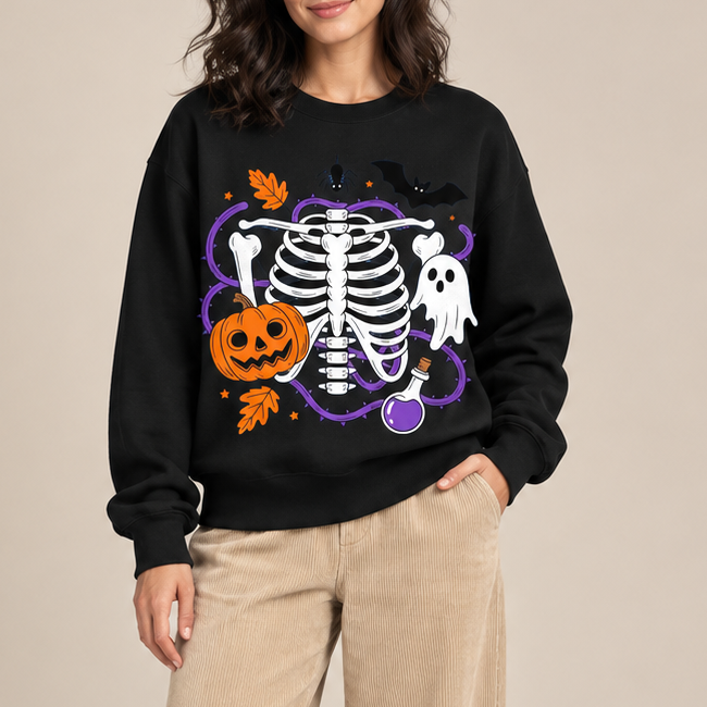 Unisex Halloween Skeleton Pumpkin Ghost Graphic Crewneck Sweatshirt