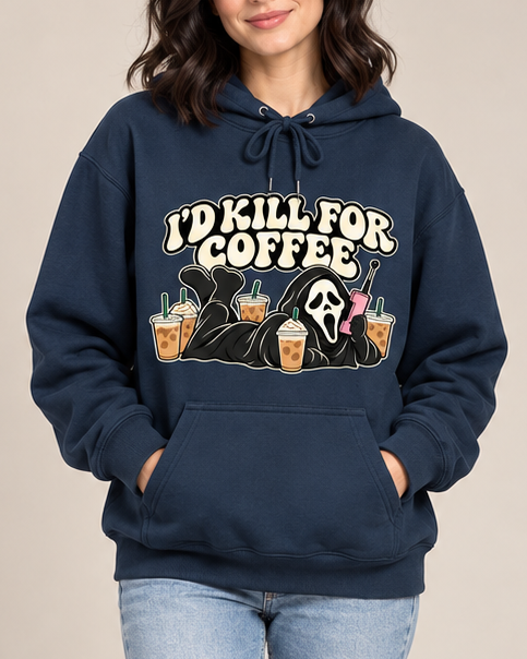 I'd Kill For Coffee Ghostface Hoodie, Halloween Scream Graphic Pullover Sweatshirt, Vintage Fall Hooded Top Unisex