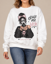 Excuse Me Btch Ghostface Girl Halloween Crewneck Sweatshirt, Scream Movie Graphic Pullover, Unisex Pink Spooky Fall Top
