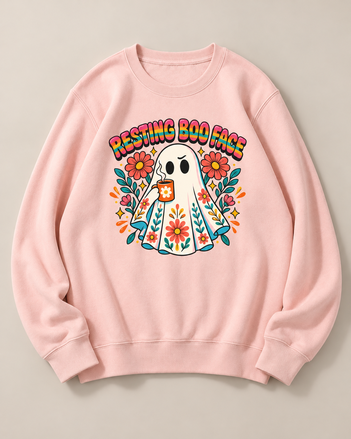 Resting Boo Face Cute Ghost Floral Halloween Crewneck Sweatshir