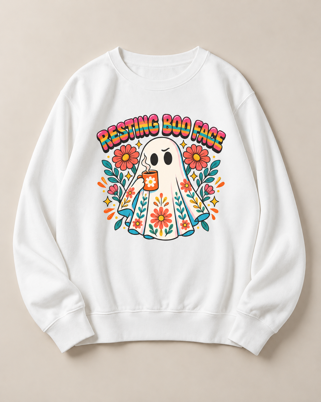 Resting Boo Face Cute Ghost Floral Halloween Crewneck Sweatshir