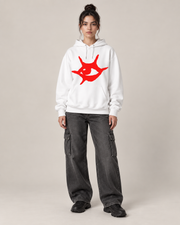 Red Eyes Graphic Hoodie – Unisex White Oversized Streetwear Pullover