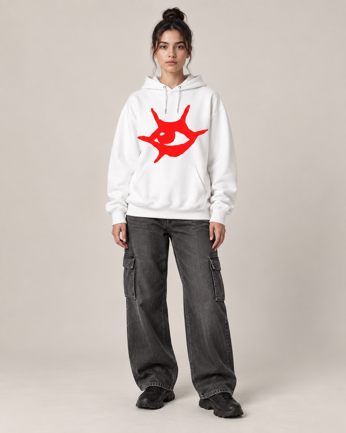 Red Eyes Graphic Hoodie – Unisex White Oversized Streetwear Pullover