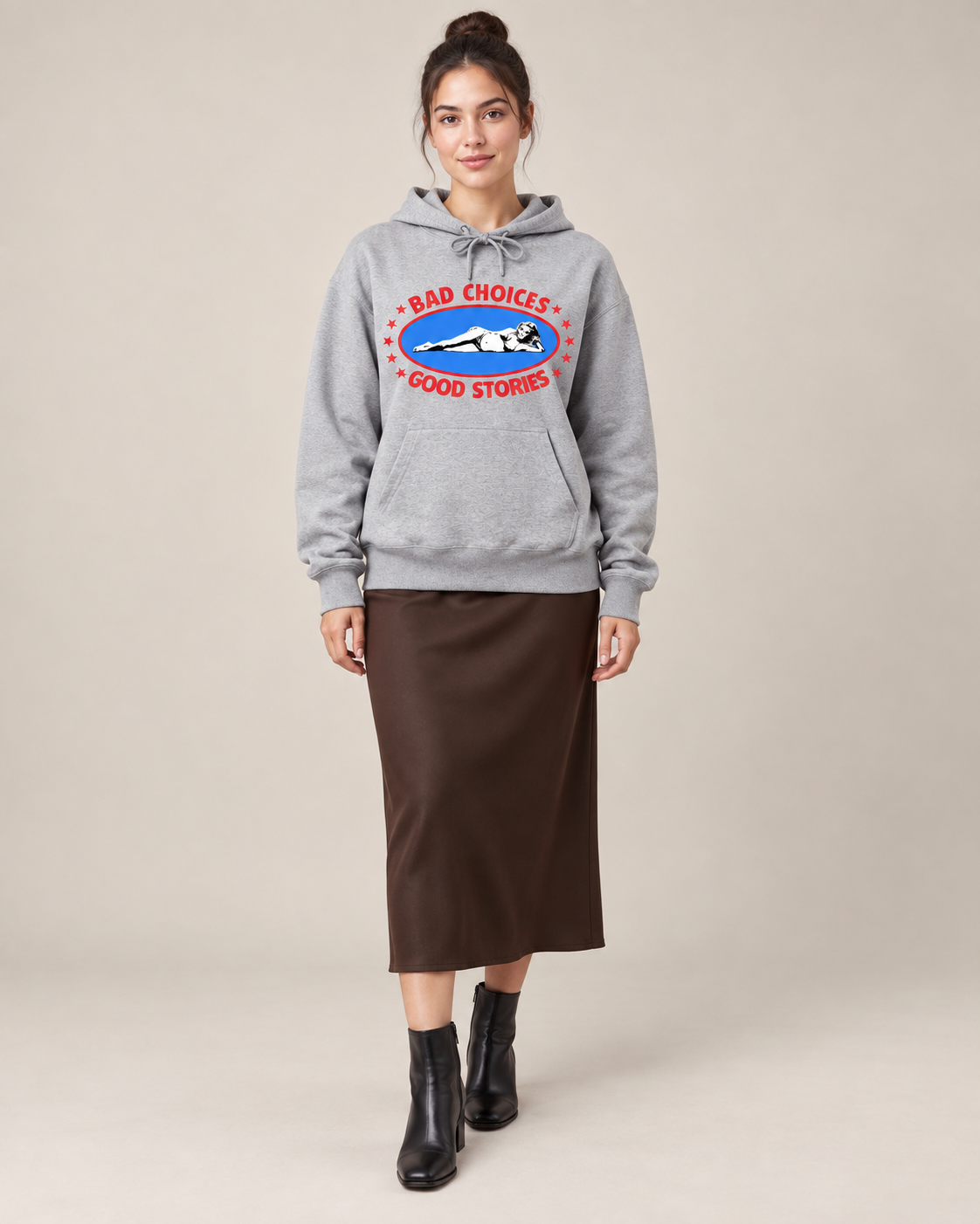 Bad Choices Good Stories Graphic Hoodie – Funny Unisex White Pullover