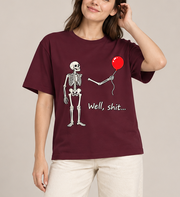 Skeleton Holding Red Balloon Graphic T-Shirt – Funny Unisex Black Tee
