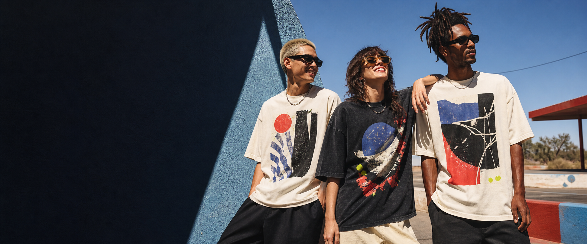 Three models wearing oversized original graphic tees
