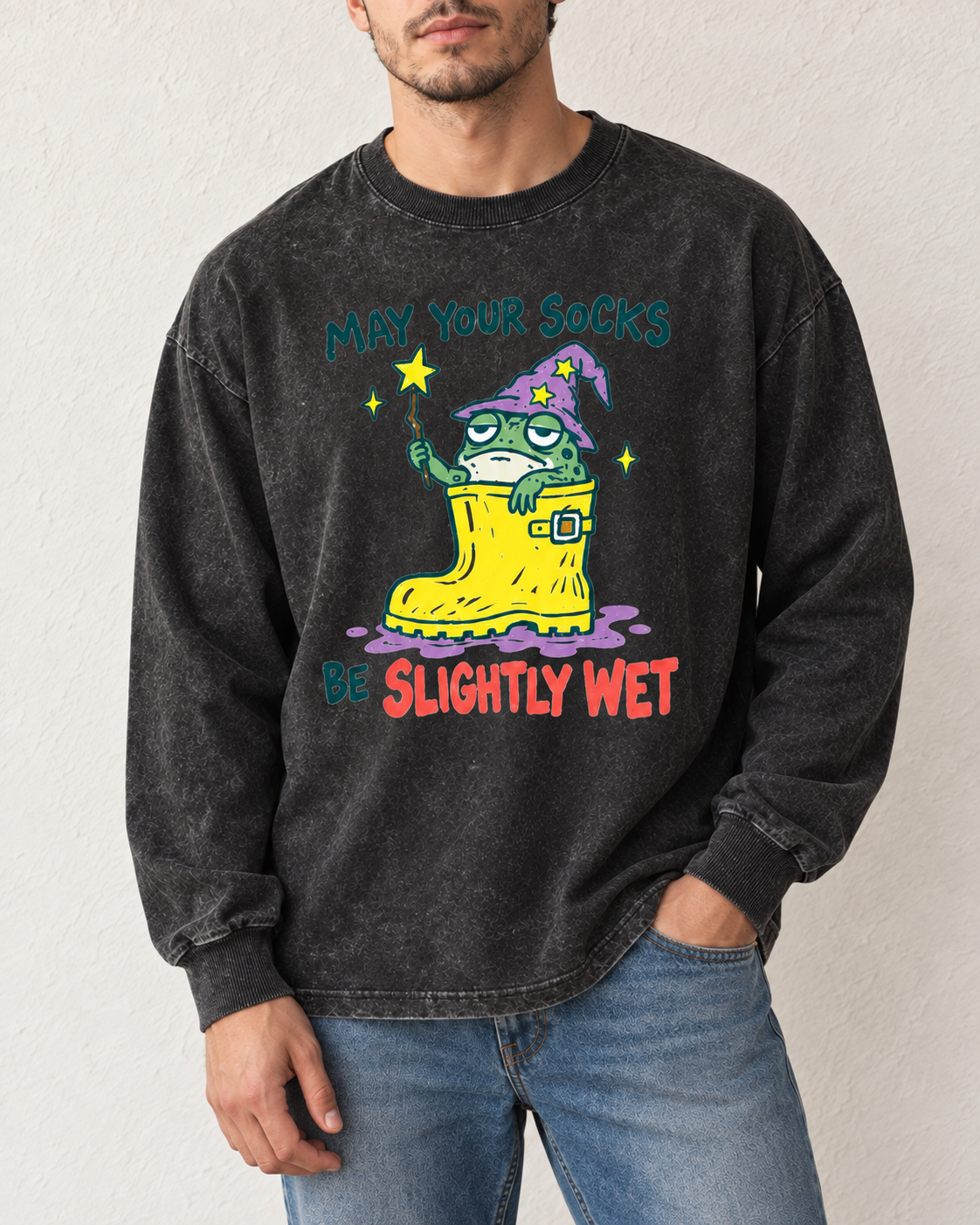 Wizard frog washed black long sleeve tee close-up