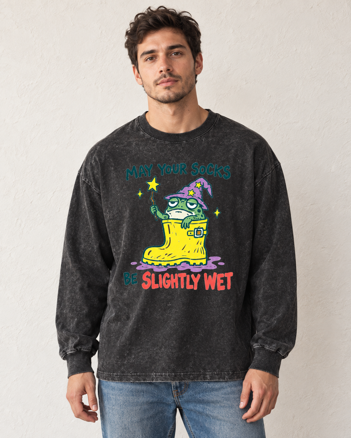 Wizard frog washed black long sleeve tee front