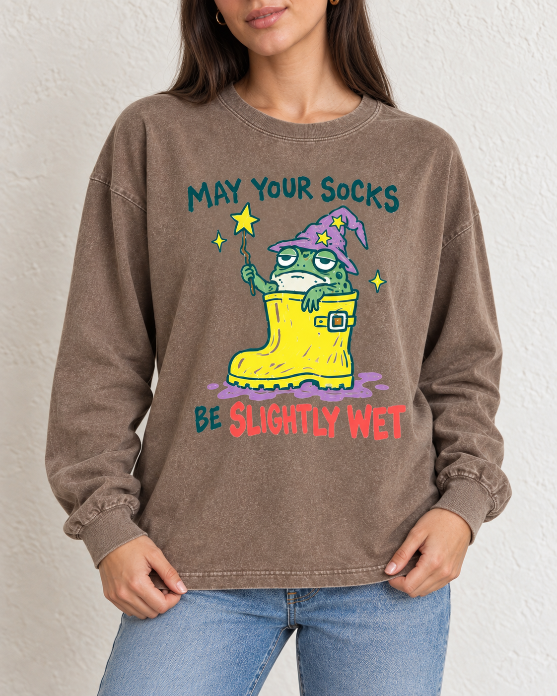 Wizard frog washed brown long sleeve tee close-up