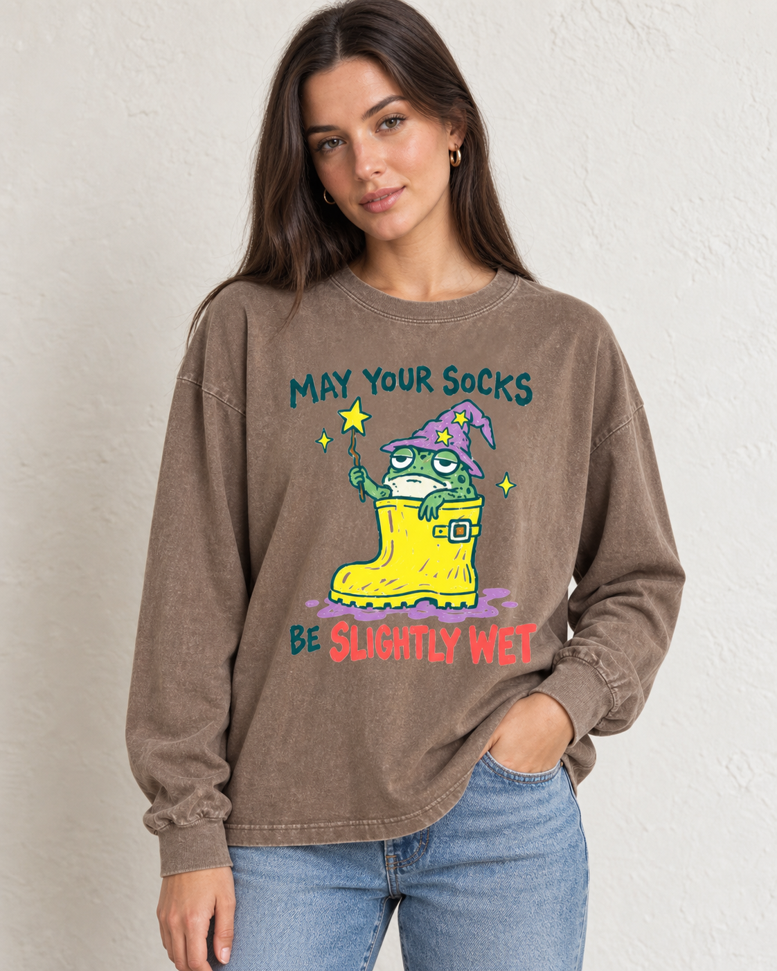 Wizard frog washed brown long sleeve tee front